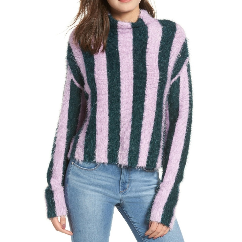 BlankNYC Drop Shoulder Fuzzy Eyelash Sweater - Lavender and Green Cozy Fall Vibe